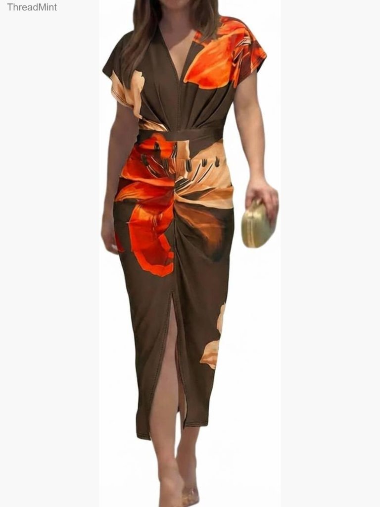 Floral Plunge V Neck Midi Dress Ruched Slit Bodycon Party